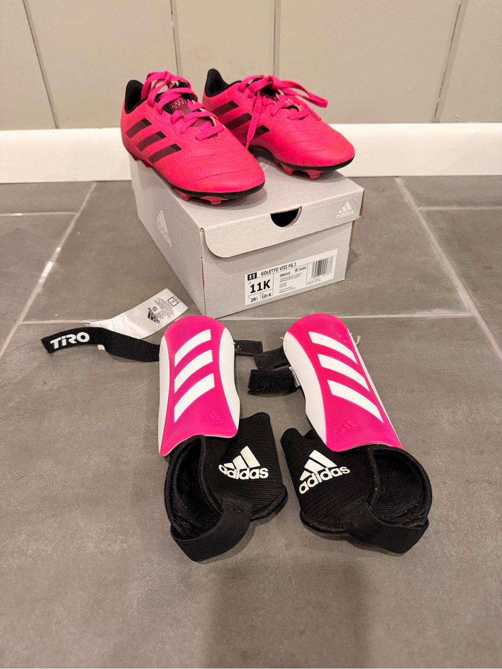 adidas Goletto VIII Pink and Black Youth Soccer Cleats with Matching Shin Guards